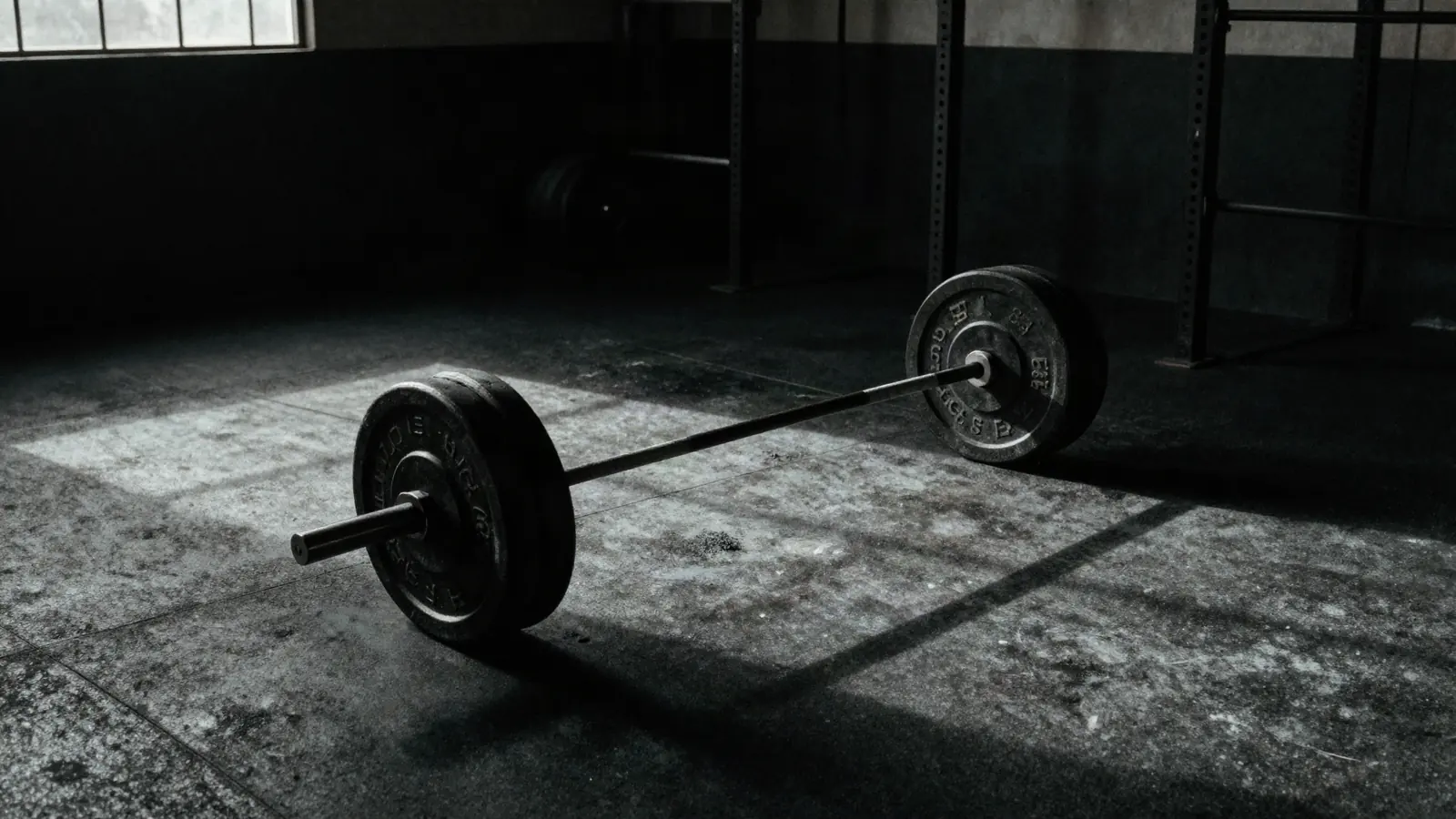 Loaded barbell on the chalk-dusted training floor